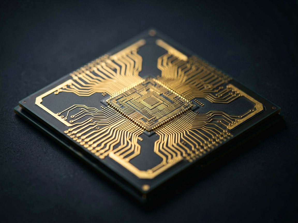 Close-up of a futuristic microchip circuit board with golden pathways on a dark background