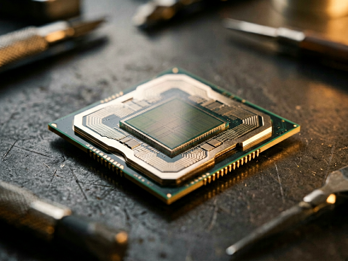 A macro view of a RISC-V processor die on a dark workbench, with subtle warm light emphasizing the chip surface