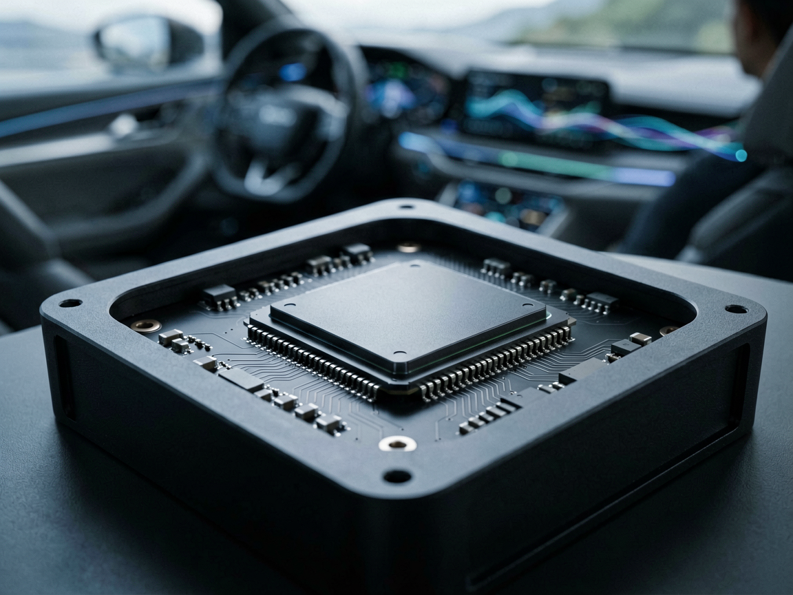 A macro shot of a high-efficiency AI chip in a fanless aluminum enclosure with a blurred car interior background.