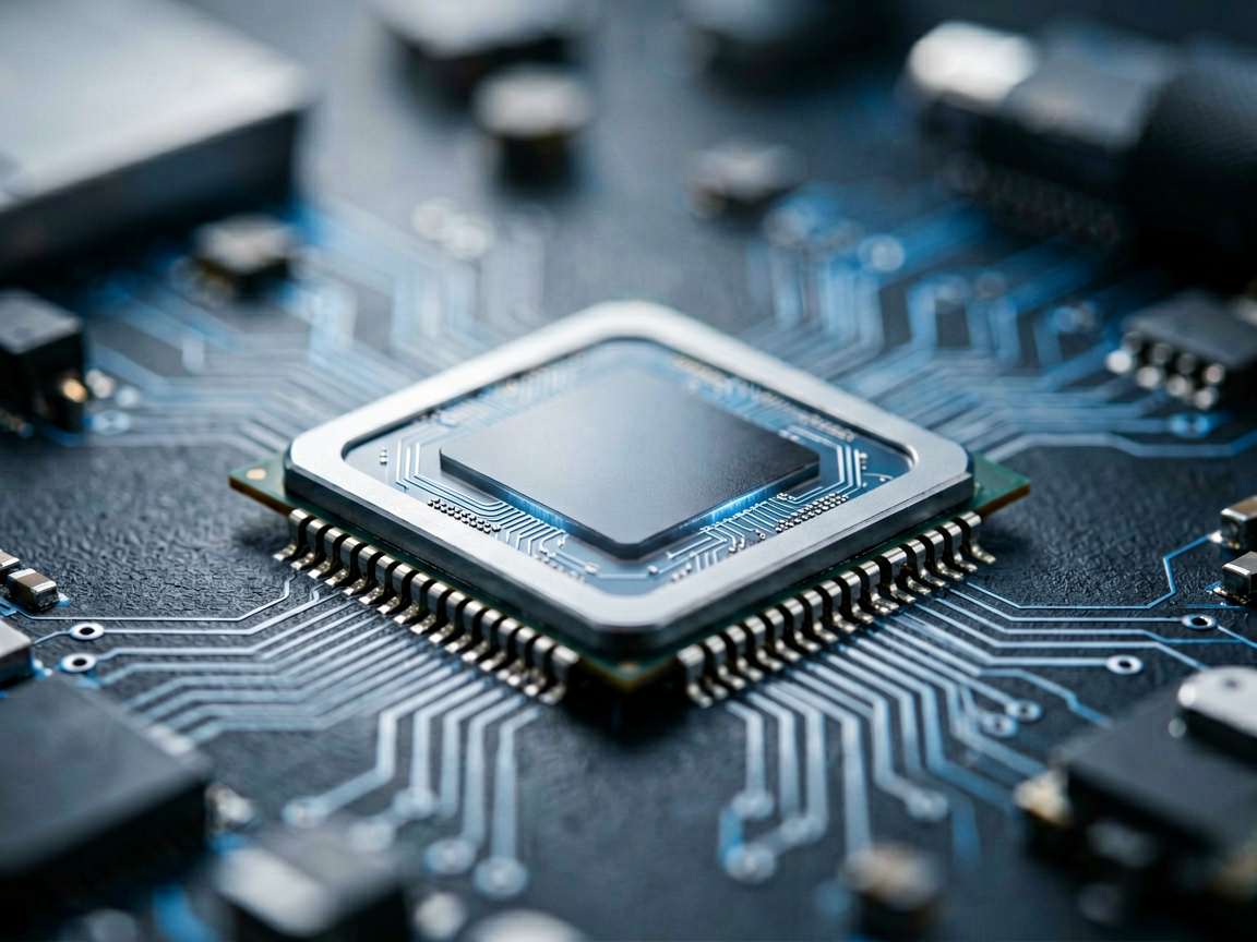 A conceptual editorial image showing a complex circuit board merging into a blurred, abstract representation of software code or data streams, symbolizing the t