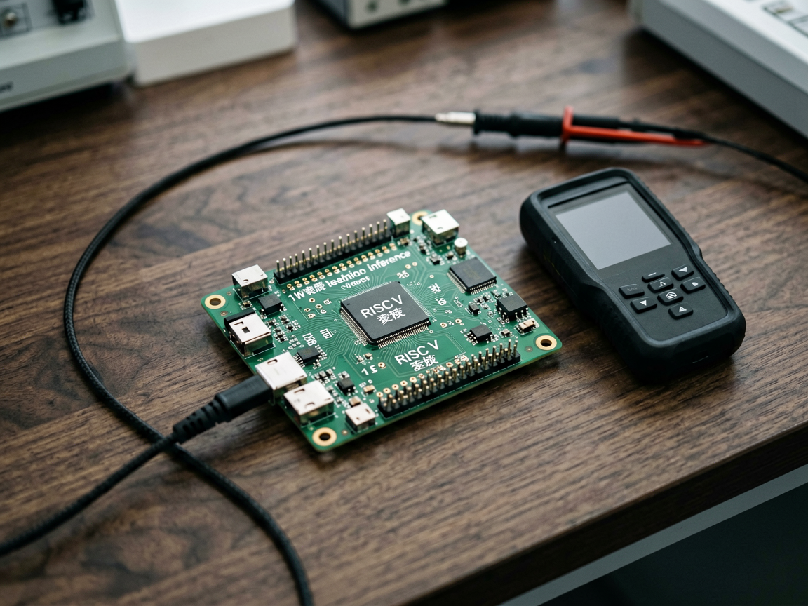 Close-up macro shot of a RISC-V development board on a lab bench with a power meter probe attached and a thermal camera screen showing a cool blue-green image, 