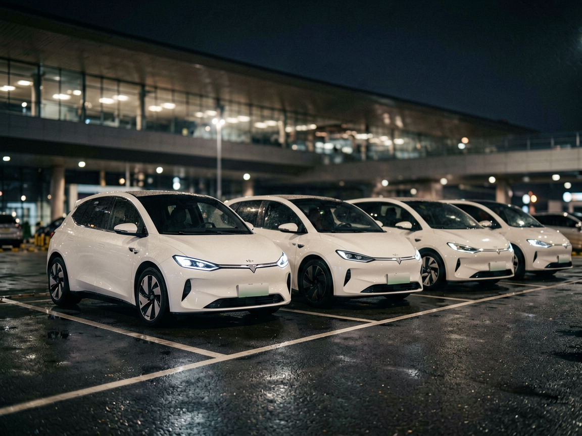 Autonomous robotaxis waiting in line at an airport terminal at night