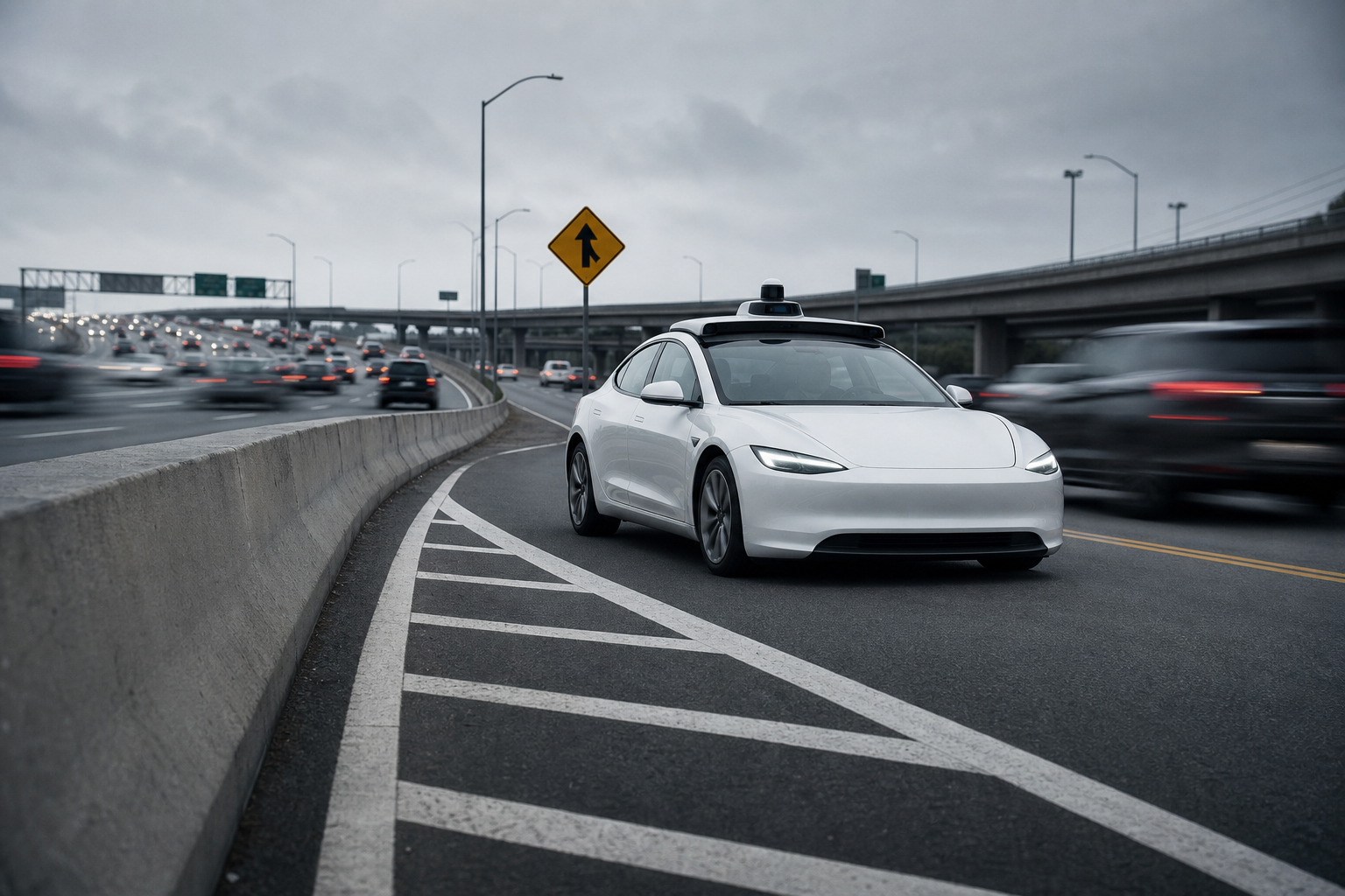 A modern autonomous vehicle navigating a complex highway on-ramp merge area under overcast lighting