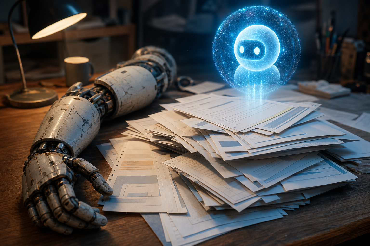 A discarded robot arm next to a pile of messy invoices, with a glowing AI agent icon hovering above