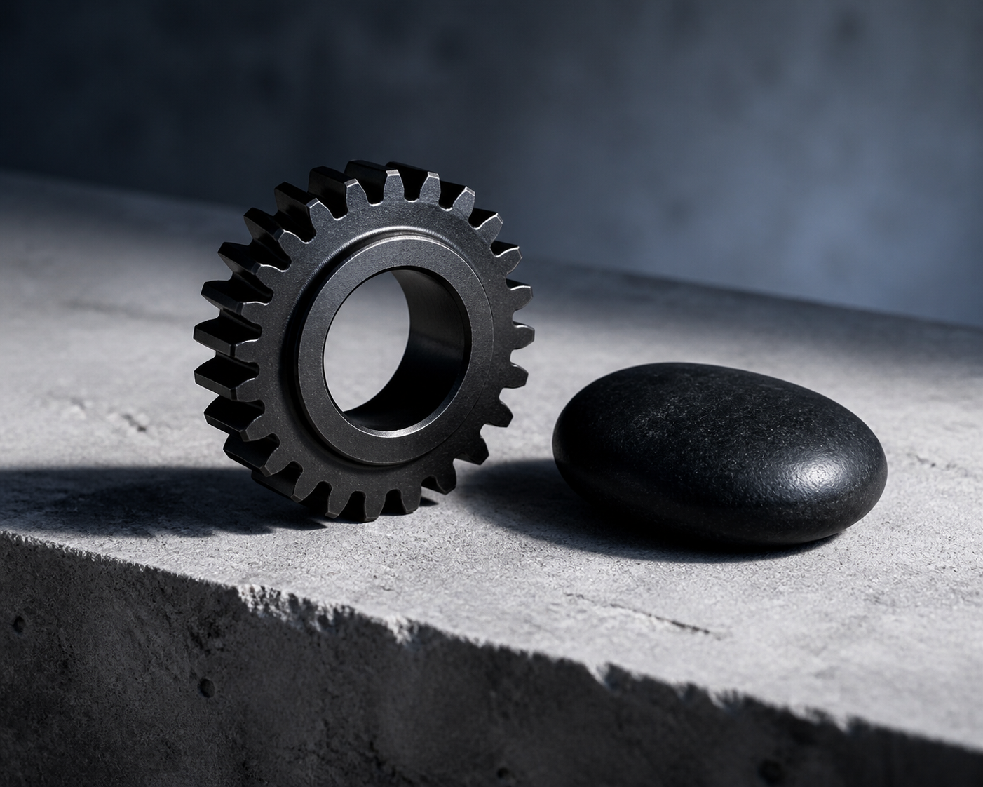 A minimalist editorial still life showing a precision mechanical gear next to a smooth stone, representing structured performance versus fluid development.