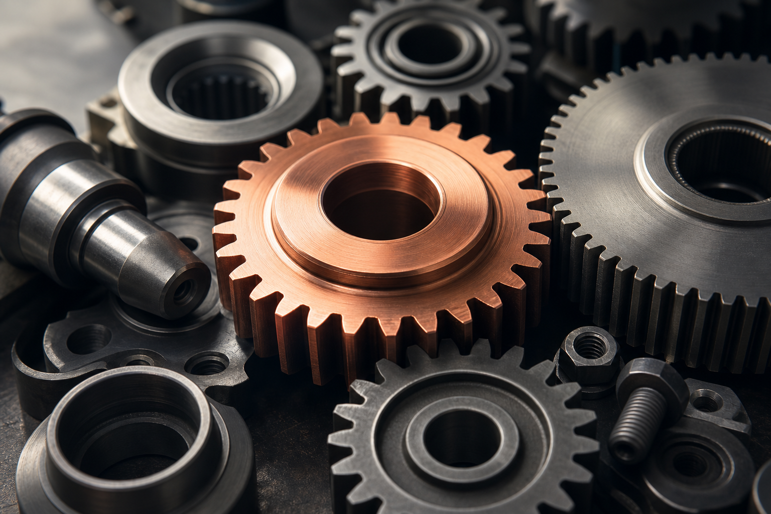A close-up of a precision-engineered metal gear assembly, with one gear highlighted in warm copper tone, suggesting a reliable underlying layer in a larger syst