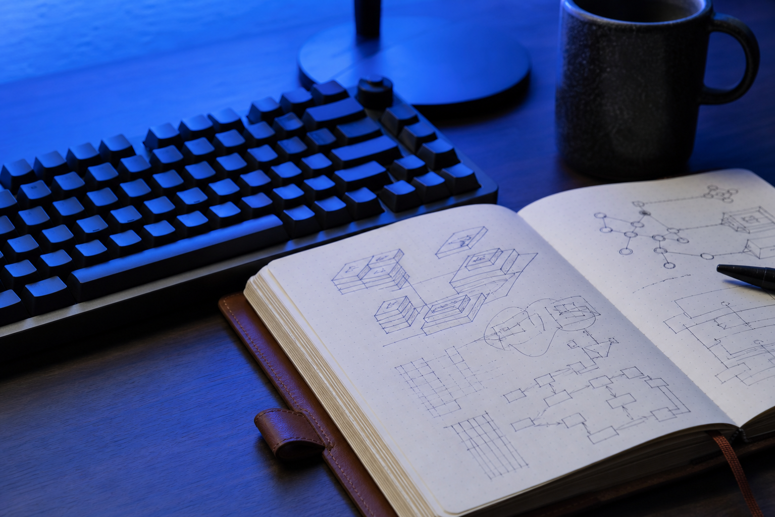 A sleek, modern workspace featuring a minimalist mechanical keyboard and a notebook with technical diagrams, bathed in cool blue light representing stability an