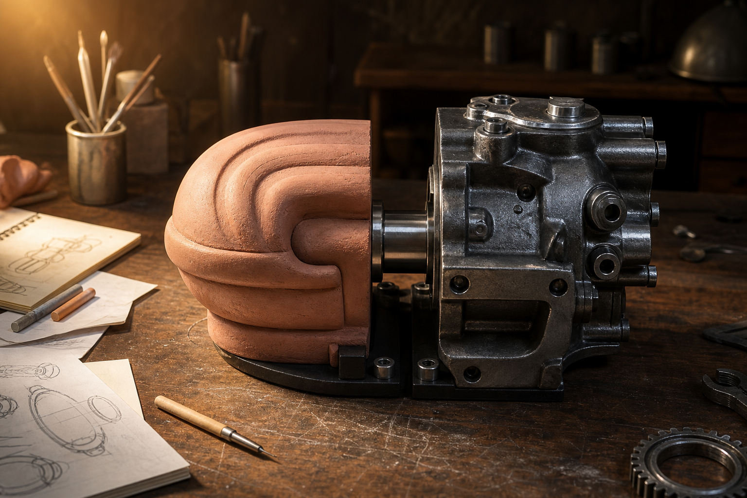 Editorial workspace showing two interlocking gears labeled by material, one warm and flexible, one forged steel, sharing the same load-bearing axle.