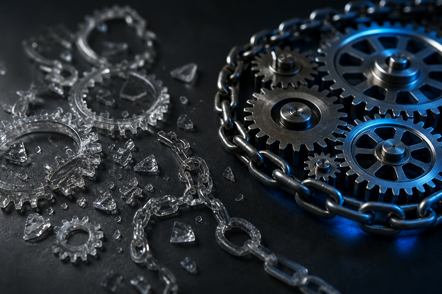 A fractured chain of metal gears versus a solid, interlocking gear assembly.