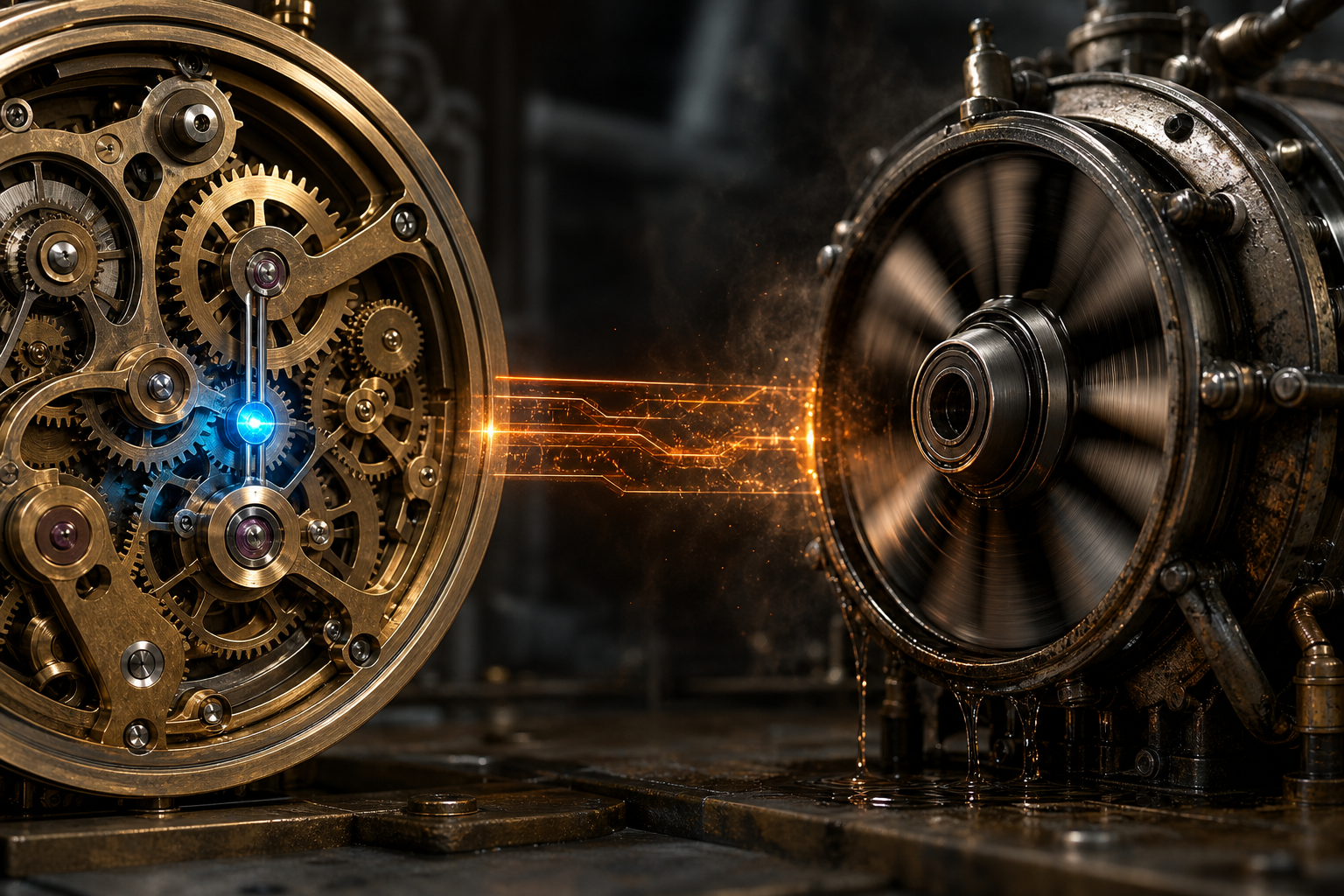 A split-frame editorial still life: one side shows a precise, polished mechanical clockwork (Rust scheduler), the other a faster but slightly worn industrial tu