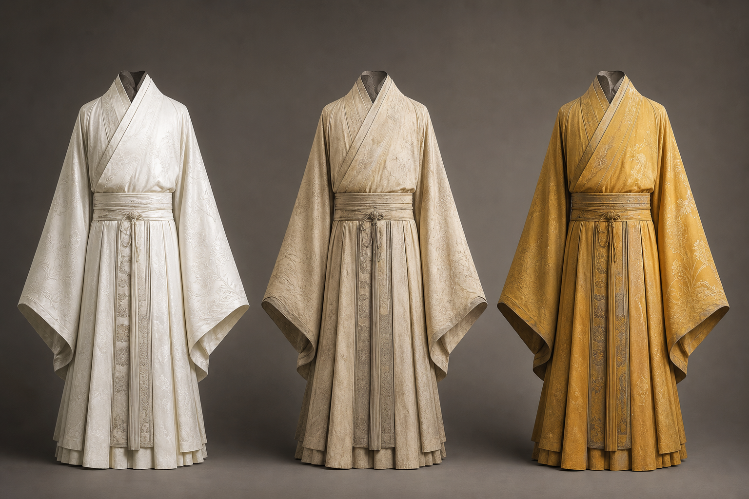 Three identical ancient Chinese robes arranged in a row, each rendered with subtly different fabric textures and wear states, on a neutral studio background.
