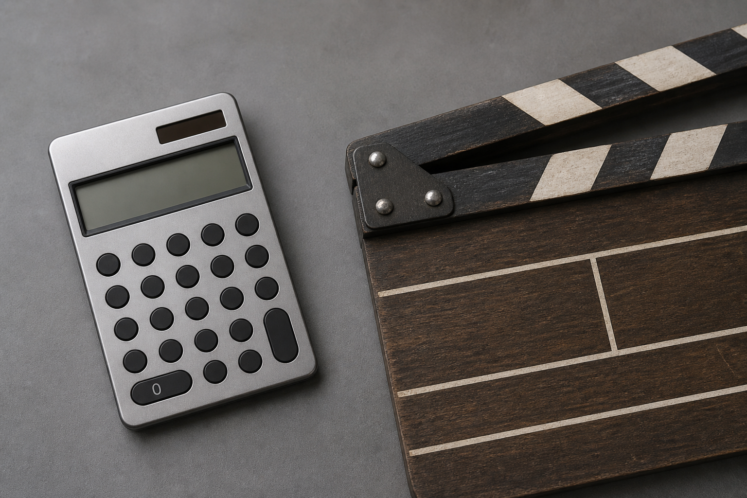 A minimalist editorial still life showing a calculator next to a film clapperboard on a clean desk, symbolizing the business side of video production.