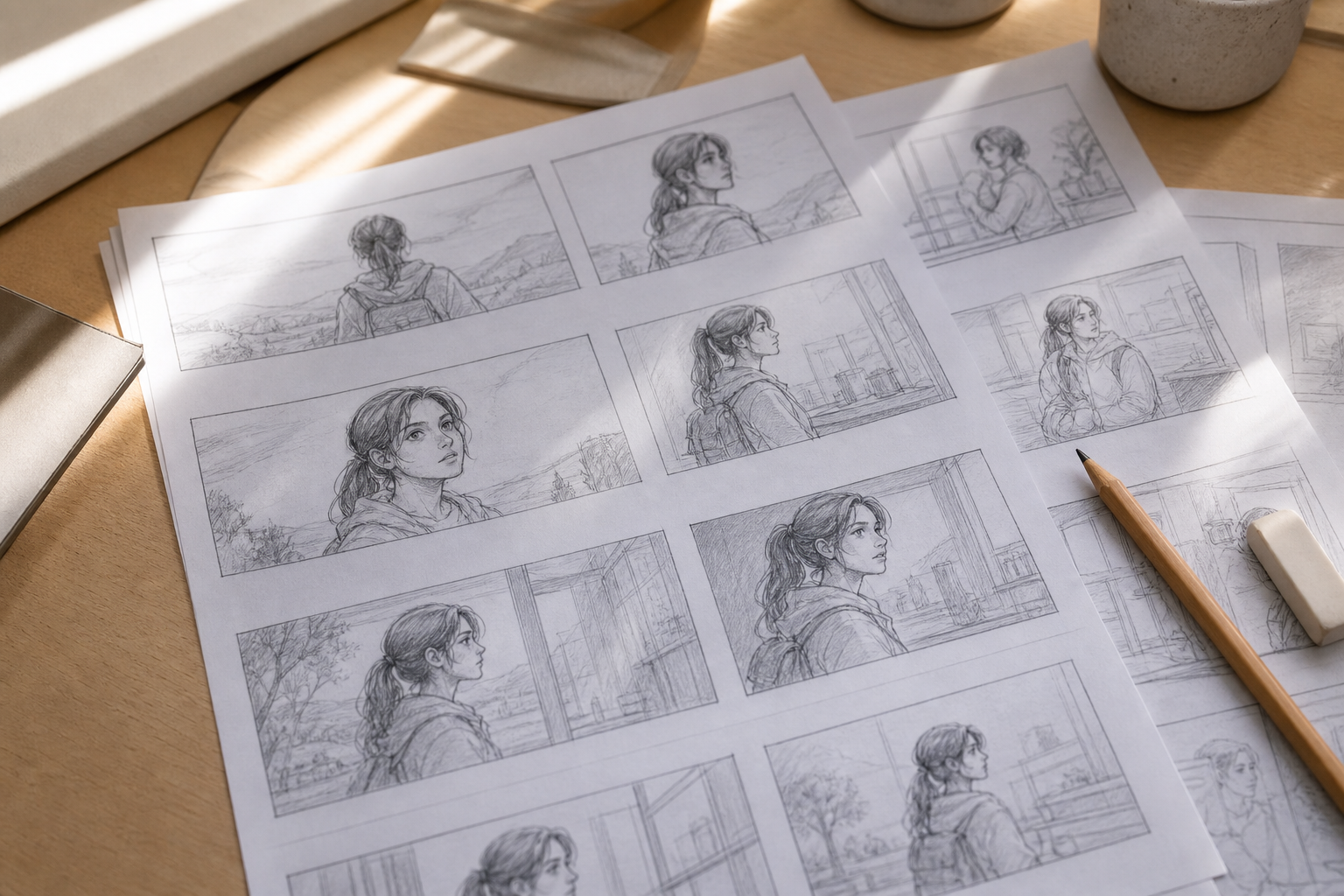 Storyboard sheets on a desk with pencil and coffee