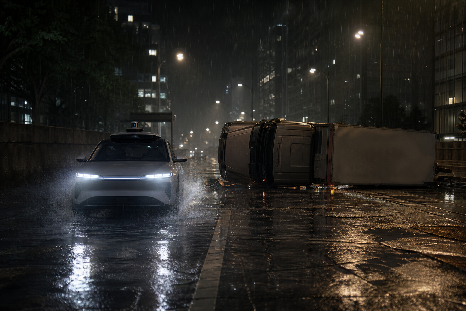 A realistic simulation of a rainy night driving scene with a test vehicle and debris, representing high-fidelity autonomous driving data.