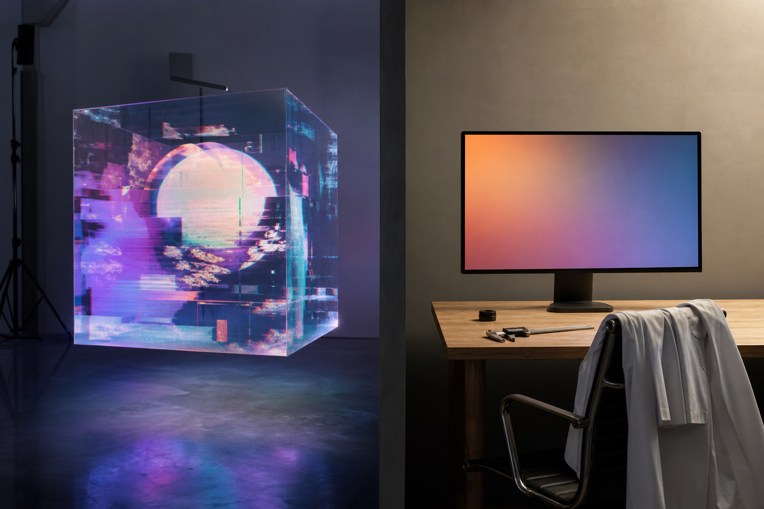 A split composition showing a chaotic, glitchy digital video frame on one side and a calm, precise physical editing workspace on the other, symbolizing the tran