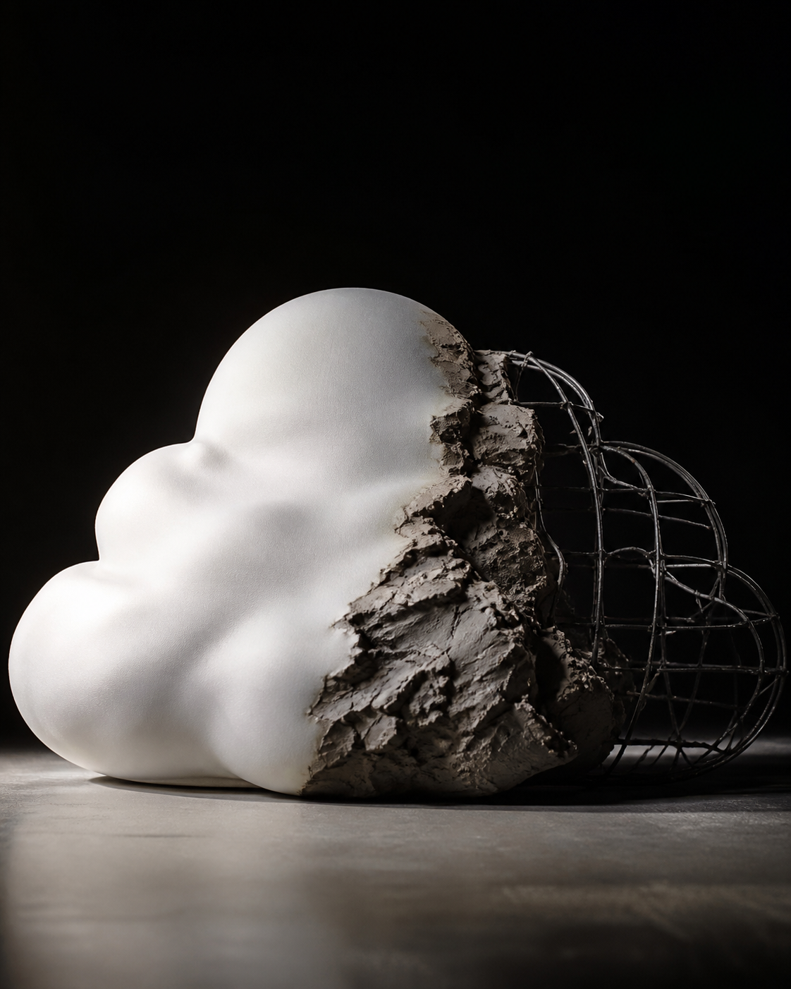 A split composition showing a smooth, ethereal digital cloud on one side transitioning into rough, tactile sculpting materials and wireframes on the other, symb