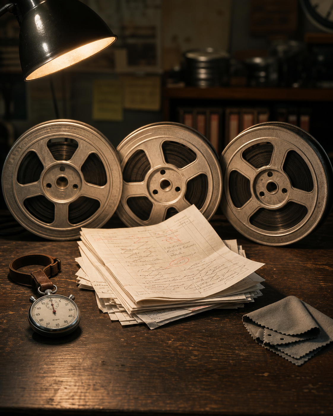 Three film reels representing Sora, Runway, and Kling on a production desk with a rejection stack of dailies.