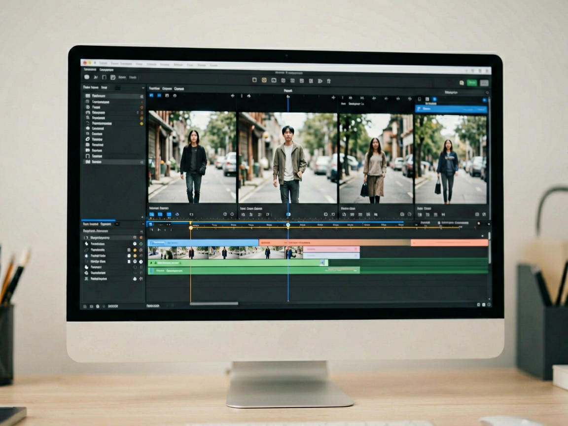 A professional video editing timeline interface showing continuous character consistency across frames