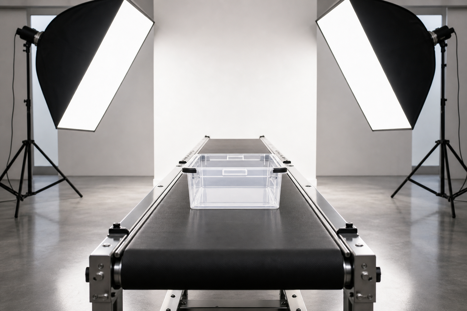A clear plastic storage box on a minimalist studio conveyor belt lit by softbox lights, symbolizing automated e-commerce product videography.