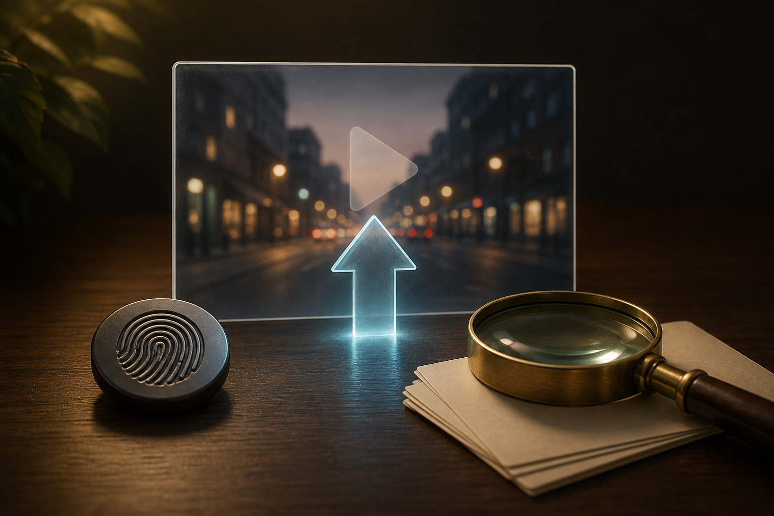 Editorial still life of a glowing upload arrow above a video frame, surrounded by fingerprint and magnifying glass motifs on a desk.