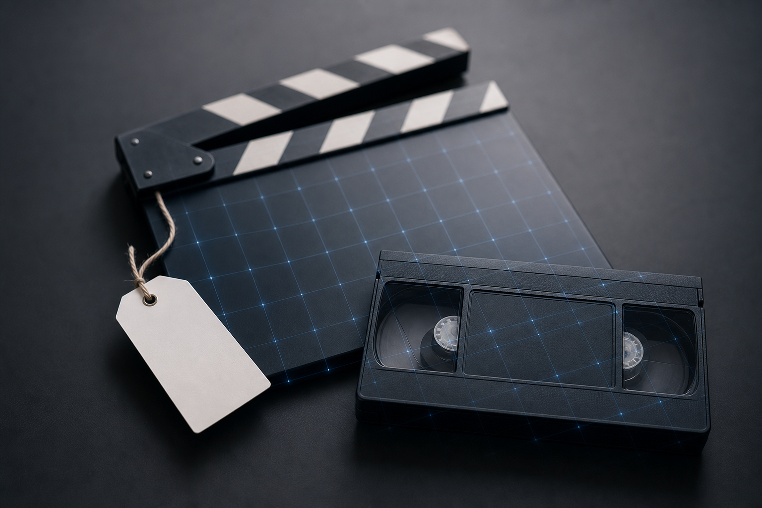 Editorial still life of a film clapperboard and video cassette on a desk, overlaid with a translucent digital watermark grid and a blank compliance label tag, s