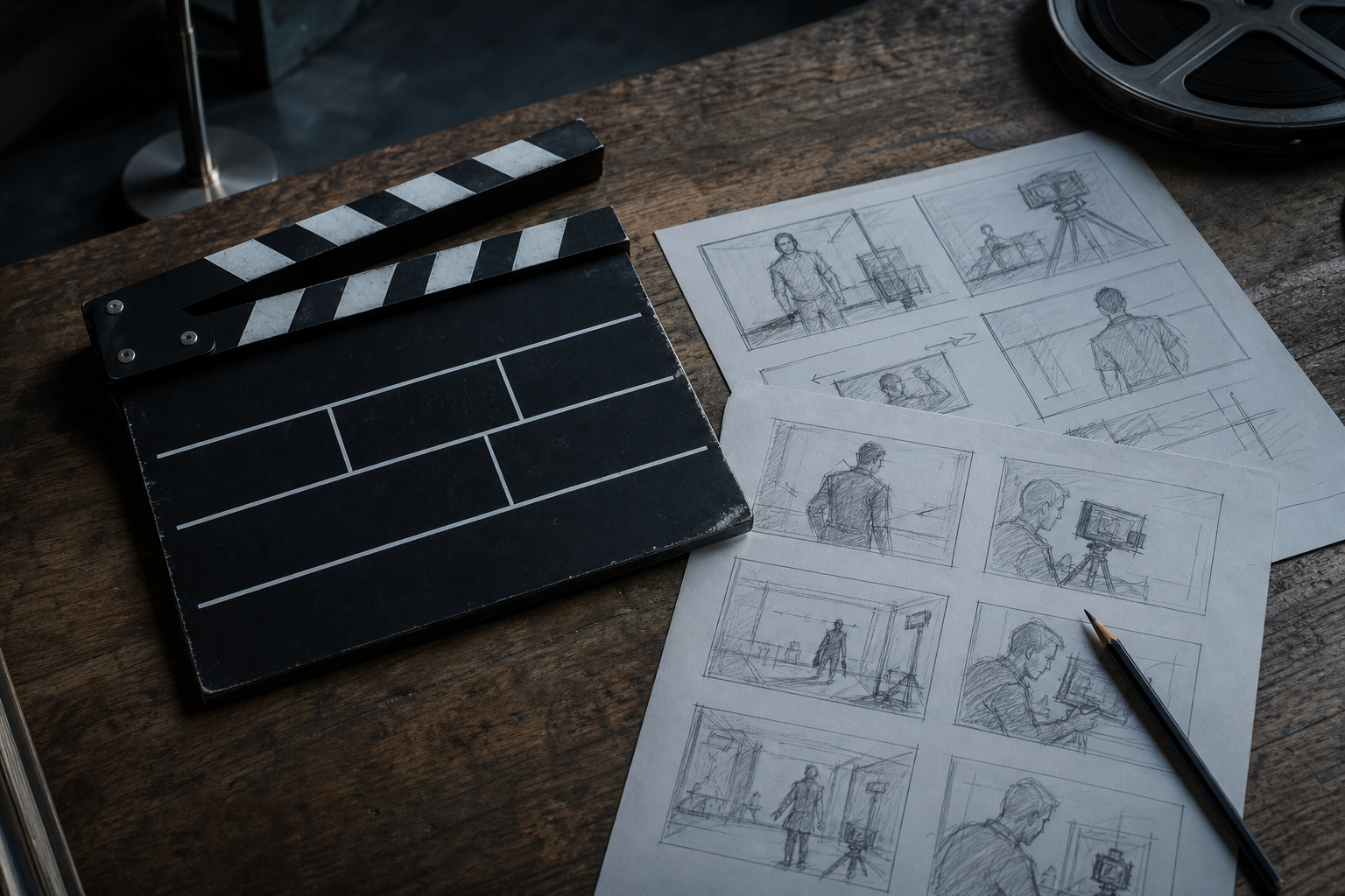 A film director's storyboard and clapperboard on a desk with a subtle digital glow