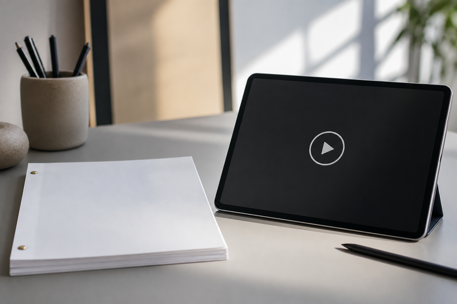 A creative workspace showing the bridge between traditional scriptwriting and digital video production