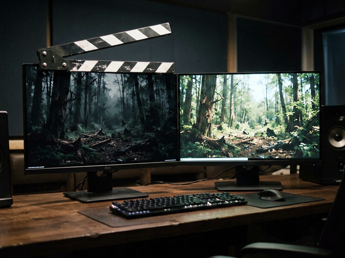 A colorist's grading suite monitor showing a dim forest frame beside a bright previsualization screen, with a clapperboard and log curve chart on the desk.