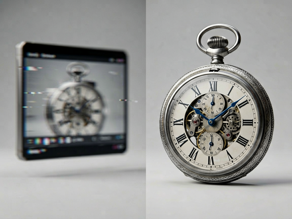 A split composition showing a chaotic digital glitch on one side and a precise, clean 3D wireframe model of an antique pocket watch on the other, symbolizing th