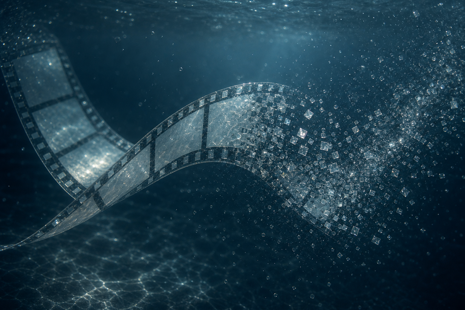 A cinematic film strip dissolving into digital pixels in deep water