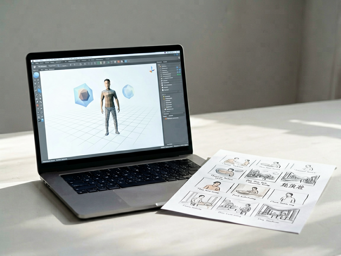 A split composition showing a video frame transforming into a 3D wireframe model on a desk.