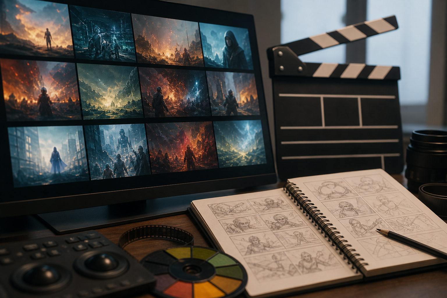 A digital storyboard on a monitor screen showing a dynamic scene, with a film clapperboard and director's notes placed beside it in a modern editing suite.