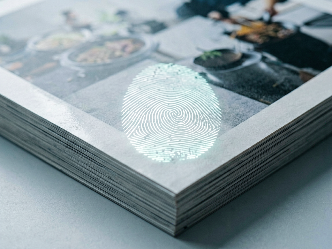 A conceptual editorial image showing a digital fingerprint being embedded into a stack of film reels or photo prints, symbolizing proof of authorship.