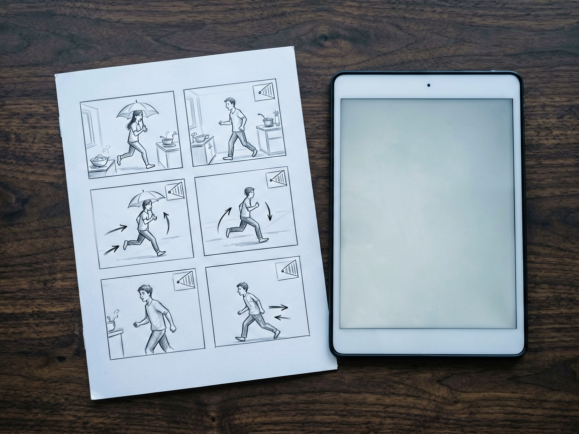 A detailed storyboard layout with character sketches and camera direction notes on a desk