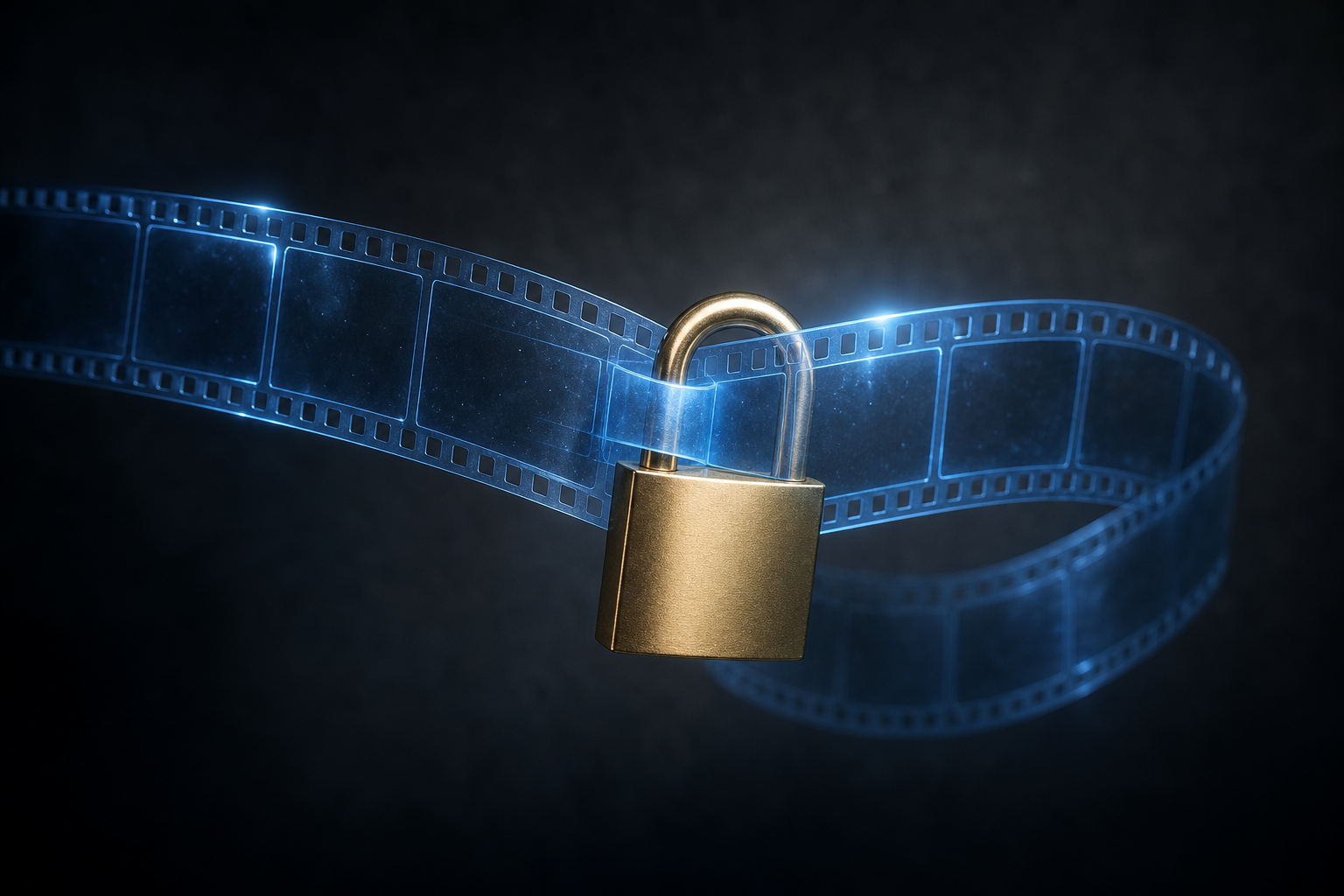 A golden padlock securing a digital video frame on a dark background