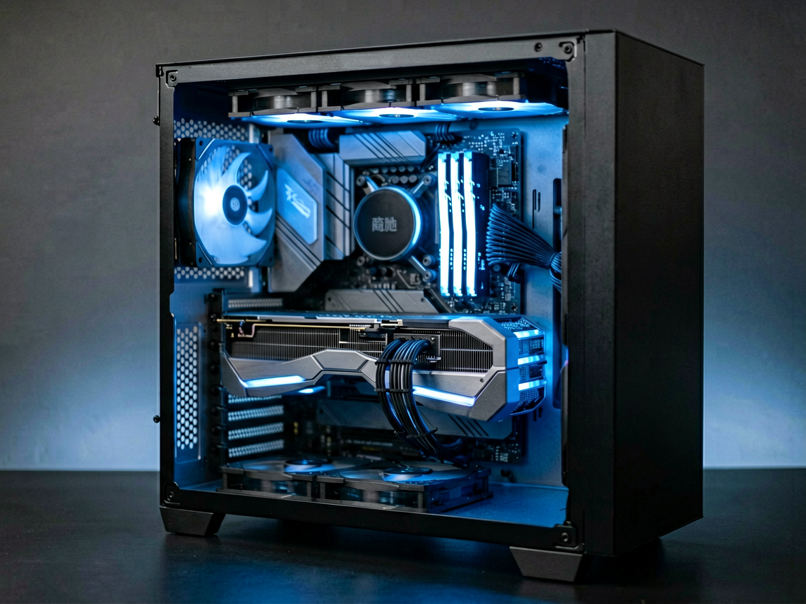 A sleek, modern desktop computer setup with an RTX 4090 graphics card visible, bathed in cool blue ambient light, symbolizing local AI processing power.