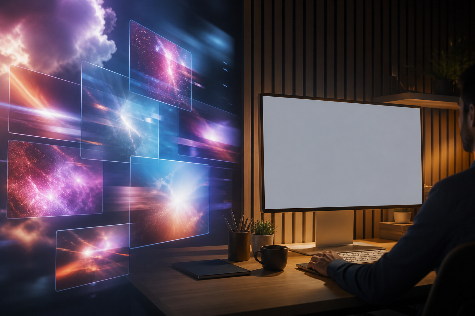A split composition showing digital video assets on one side and physical editing equipment on the other