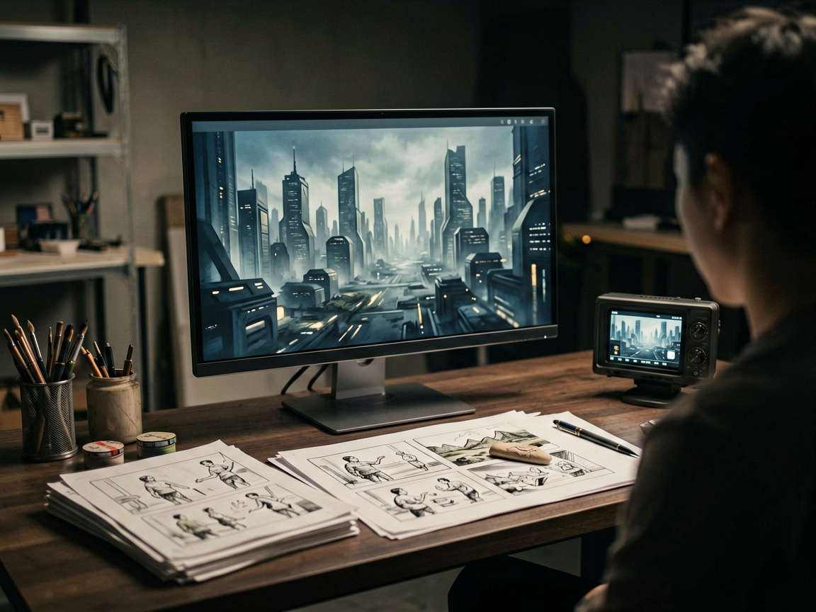 A filmmaker's desk with a computer showing an AI-generated scene, alongside traditional storyboards.