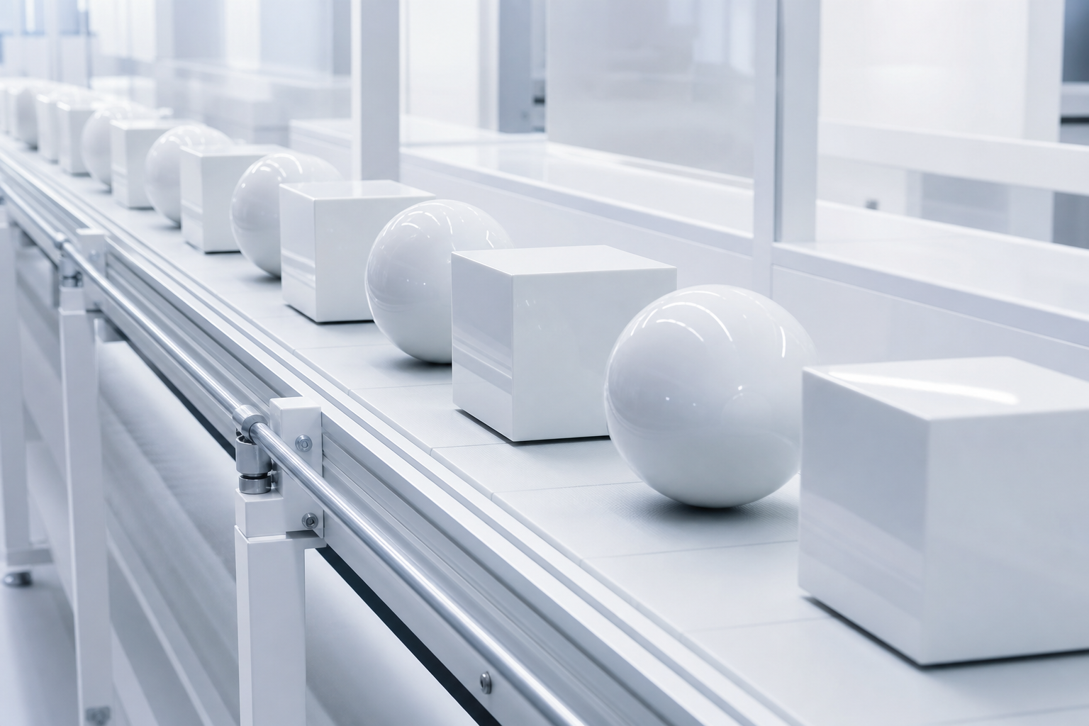 A sleek, modern industrial assembly line producing identical, high-gloss product models under bright studio lighting