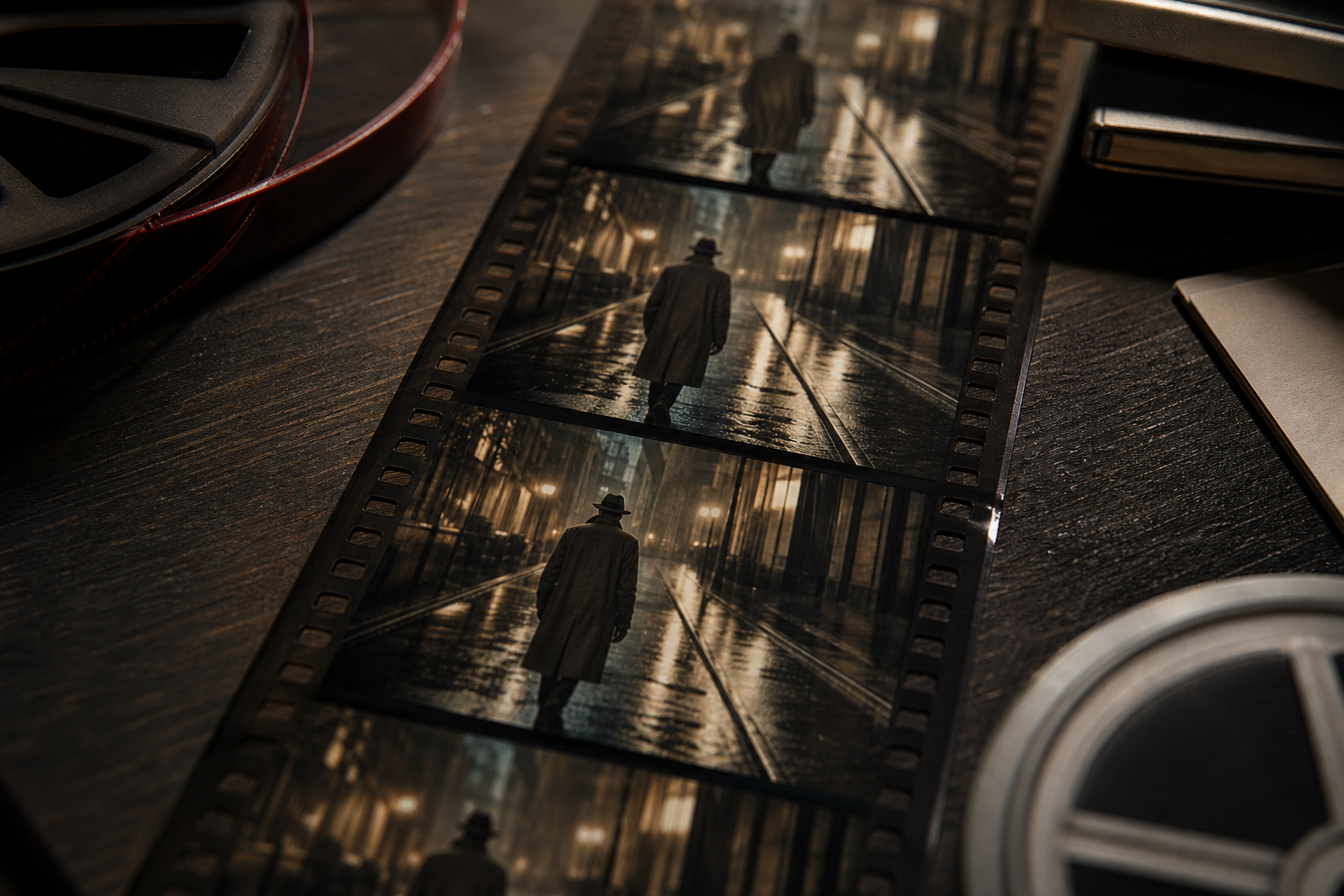 A cinematic film strip showing consistent character details across frames, resting on a director's storyboard table with soft studio lighting.
