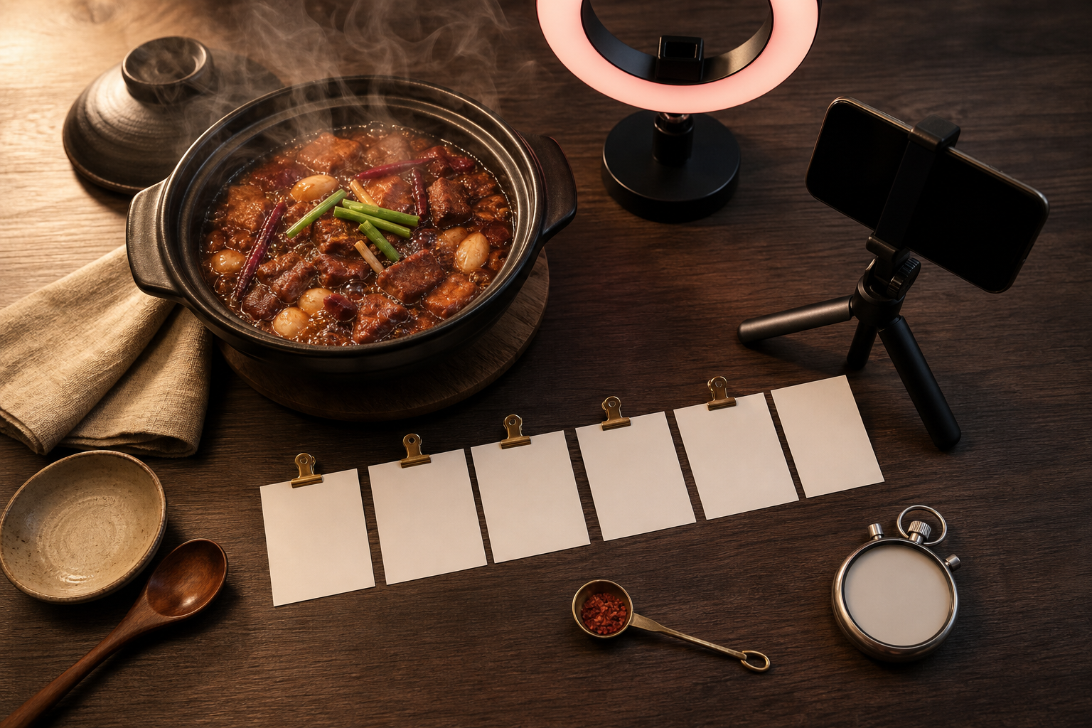 Overhead view of a short video production workspace with a steaming claypot of Chinese food beside a camera phone, ring light, storyboard cards, and a stopwatch