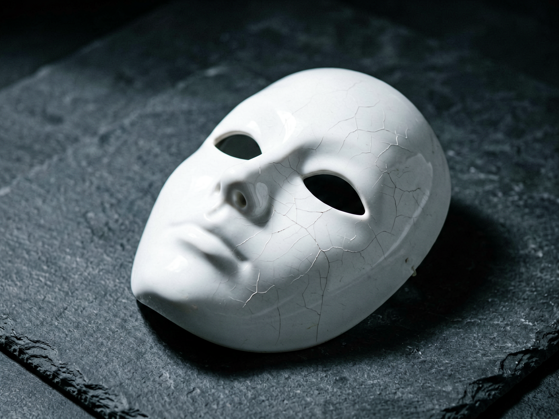 A pristine white ceramic mask resting on a dark surface with subtle, almost invisible cracks, symbolizing hidden flaws in seemingly perfect digital content.