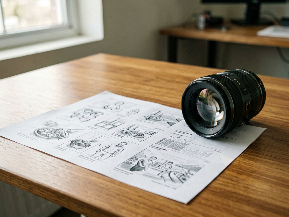 A detailed storyboard and script on a desk next to a camera lens, symbolizing controlled production over raw generation