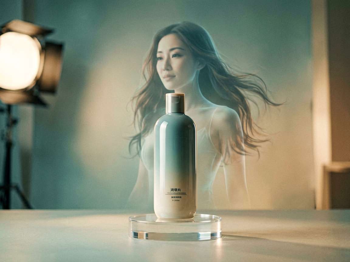 A glossy shampoo bottle on a studio set with a faint translucent AI-generated silhouette of a woman behind it, suggesting hidden synthetic content in advertisin