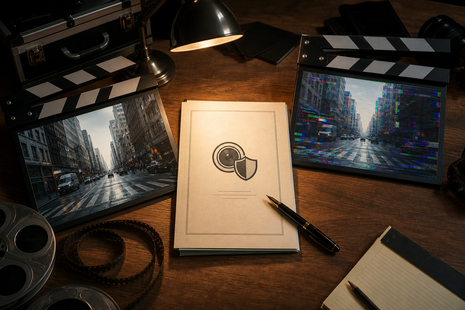 A film slate showing a split between a live-action scene and an AI-generated scene, with an insurance policy document partially visible beneath.