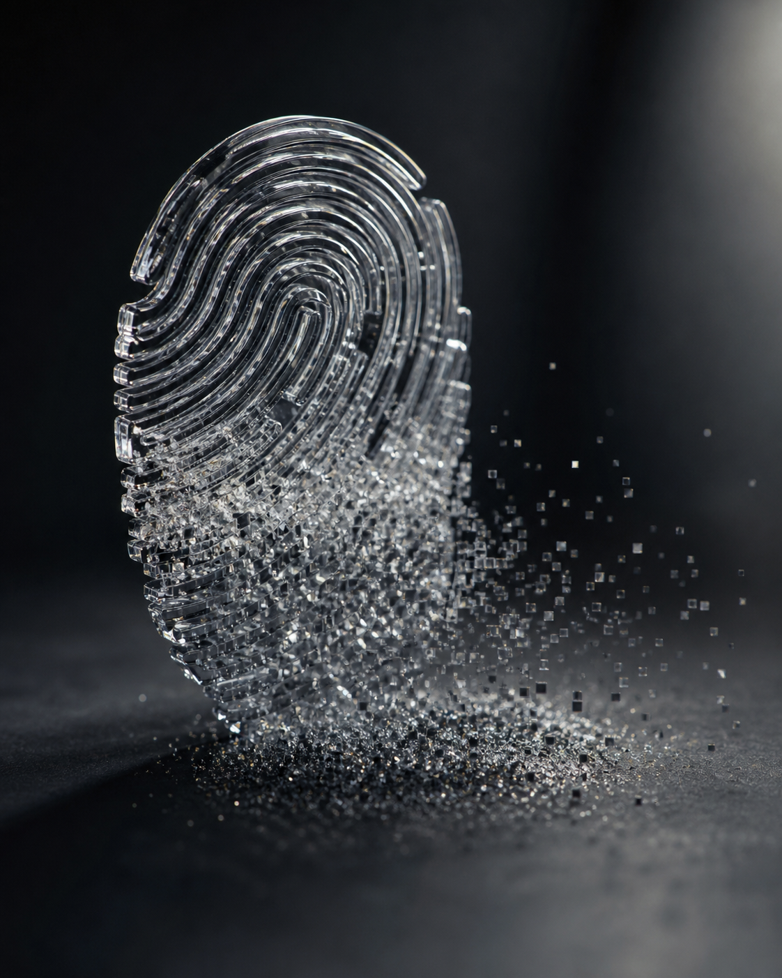 A fragile glass fingerprint dissolving into digital noise over a dark background
