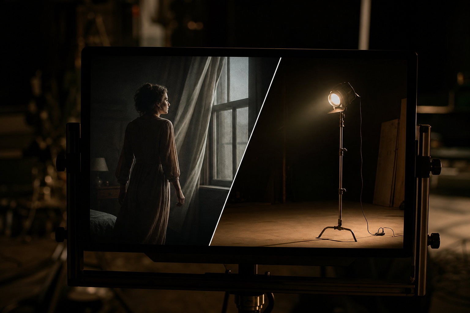 A film director's viewfinder showing a split scene: one side a polished AI-generated frame, the other side a dark set with a disconnected light source, symboliz
