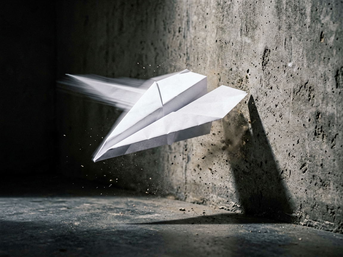 A white paper airplane mid-bounce against a textured wall