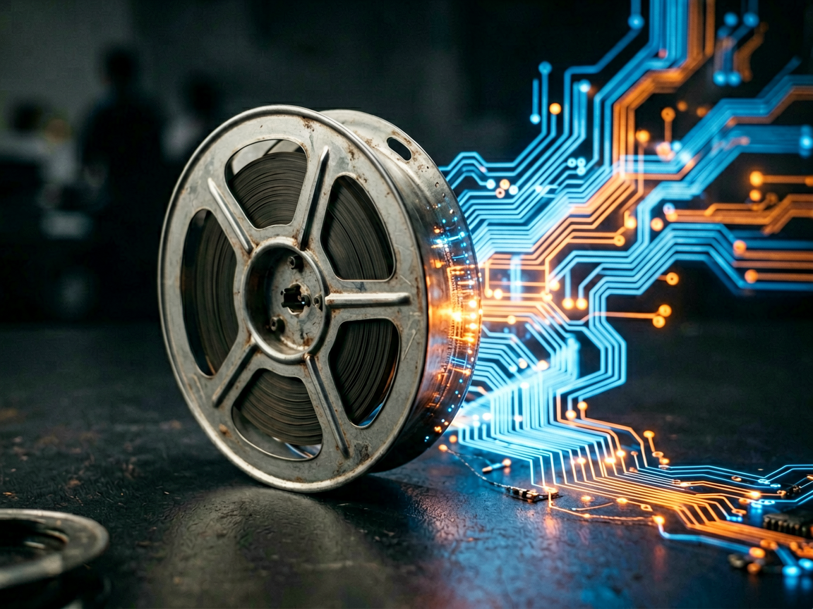 A stylized depiction of a film reel and computer circuitry merging, symbolizing AI video's computational intensity.