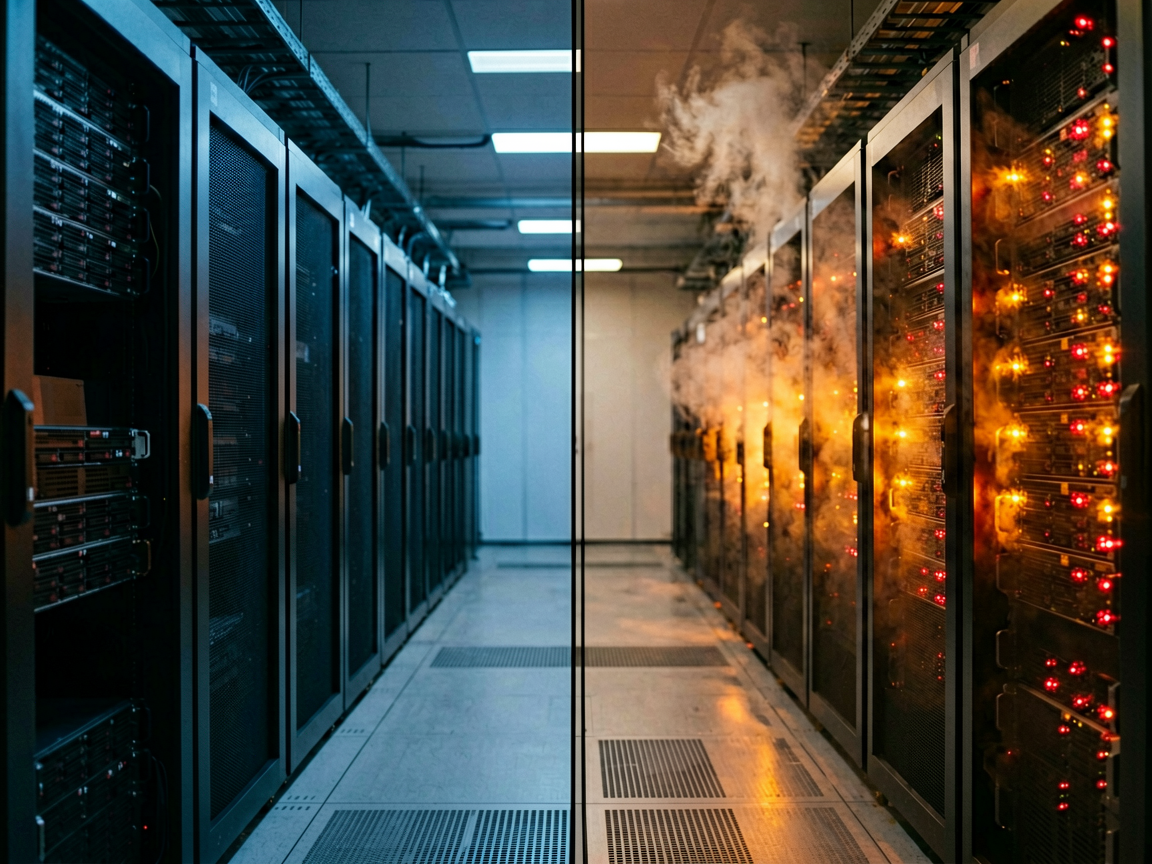 A stark contrast between a dark, empty server rack and a brightly lit, busy one